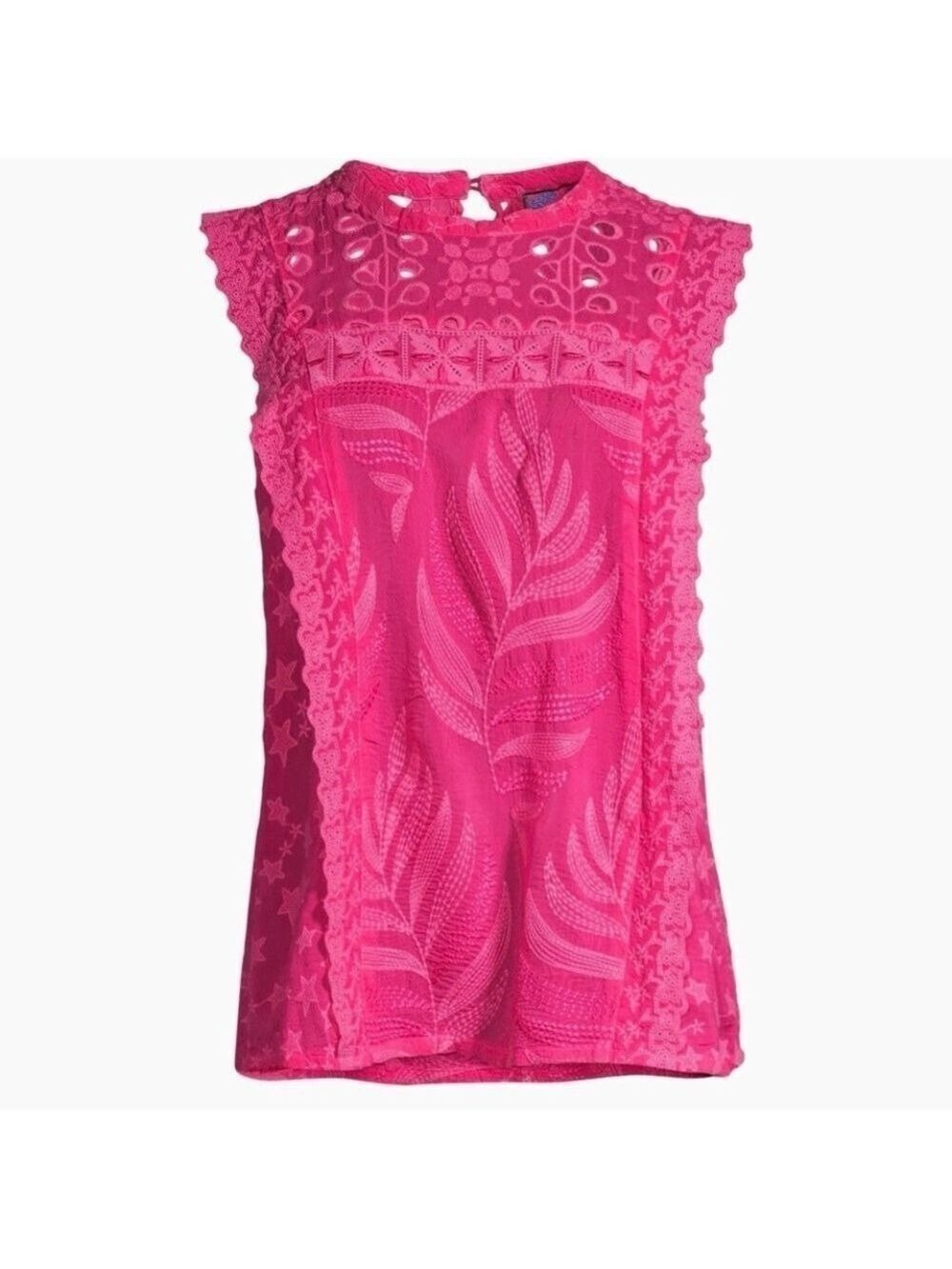 Johnny Was Leafy Concetta Blouse in Pink Size S Sleeveless Embroidered Keyhole